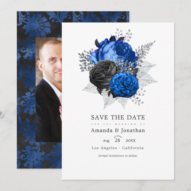 Royal Blue, Black and Silver Floral Wedding Foto Save The Date (Vorne/Hinten)