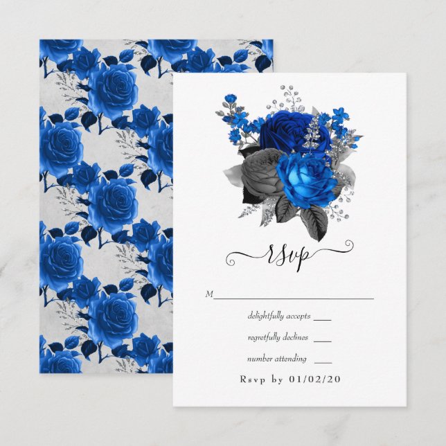 Royal Blue, Black and Silver Floral Wedding RSVP Karte (Vorne/Hinten)