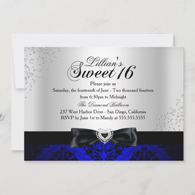 Royal Blue Black Damask Sparkle Sweet 16 Einladung (Vorderseite)