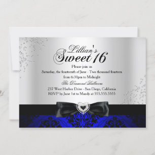 Royal Blue Black Damask Sparkle Sweet 16 Einladung