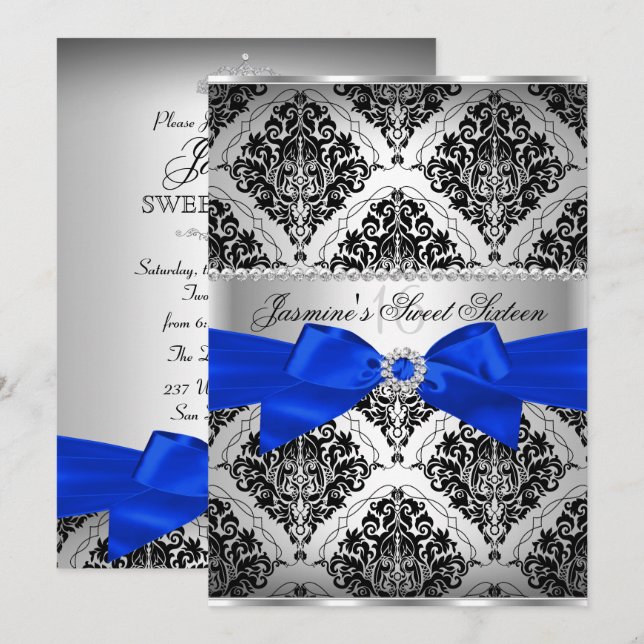 Royal Blue & Black Damask Sweet 16 Invitation (Devant / Derrière)
