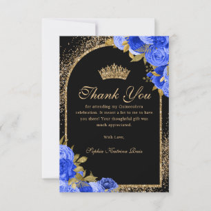 Royal Blue Black Gold Glitzer Floral Quinceanera Dankeskarte