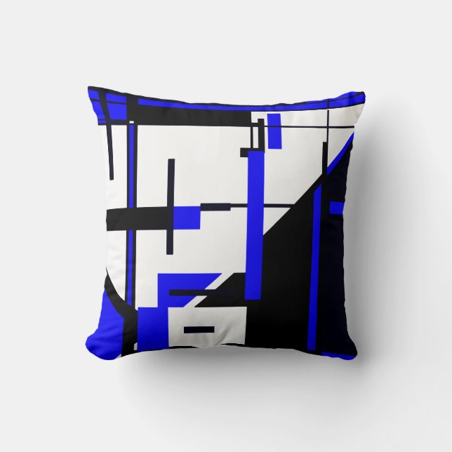 Royal Blue, Black on White Geometric Abstrakt Art Kissen (Vorderseite)