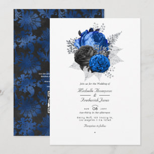 Royal Blue, Black & Silver Floral QR Code Hochzeit Einladung