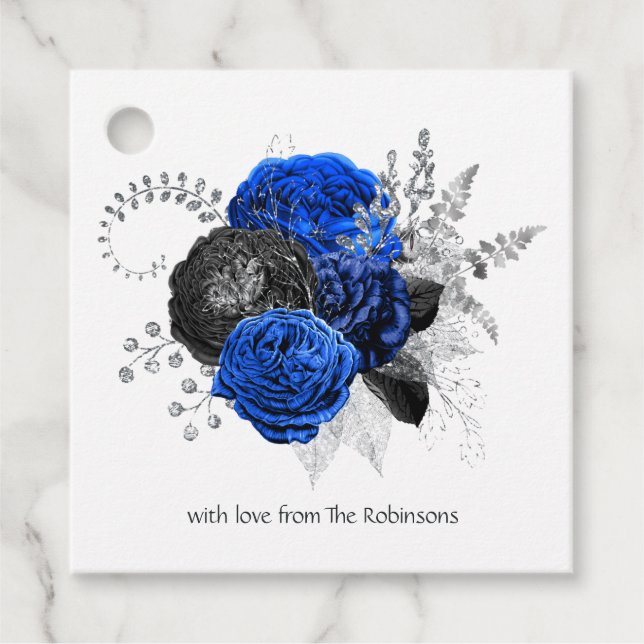 Royal Blue, Black und Silver Floral Geschenkanhänger (Vorderseite)