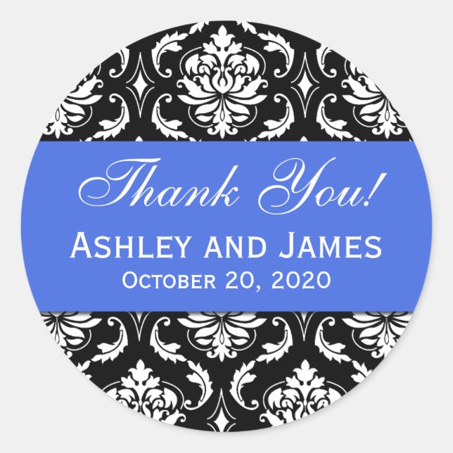Royal Blue Black Wedask Damask Danke Label Runder Aufkleber (Vorderseite)