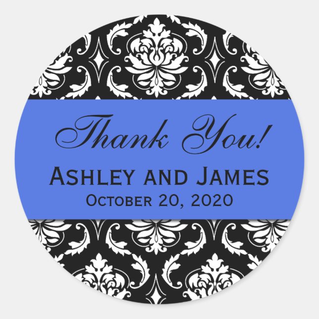 Royal Blue Black Wedding Damask Vielen Dank Runder Aufkleber (Vorderseite)
