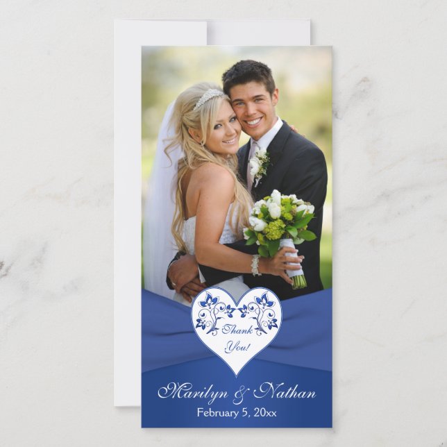 Royal Blue, Blanc Floral Heart Mariage Carte photo (Devant)