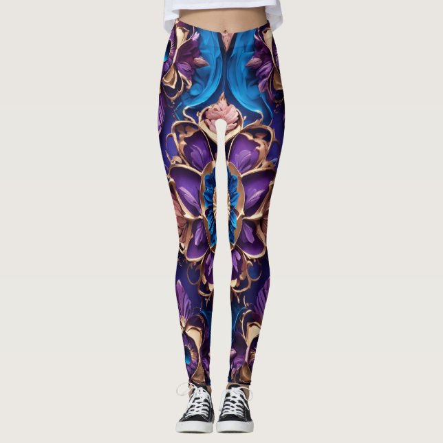 "Royal Blue Blossoms: Luxuriöse Blumenschrift Legg Leggings (Vorderseite)