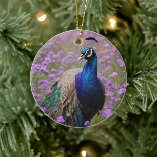 Royal Blue: Blue Peacock in Lavender Field, Keramik Ornament