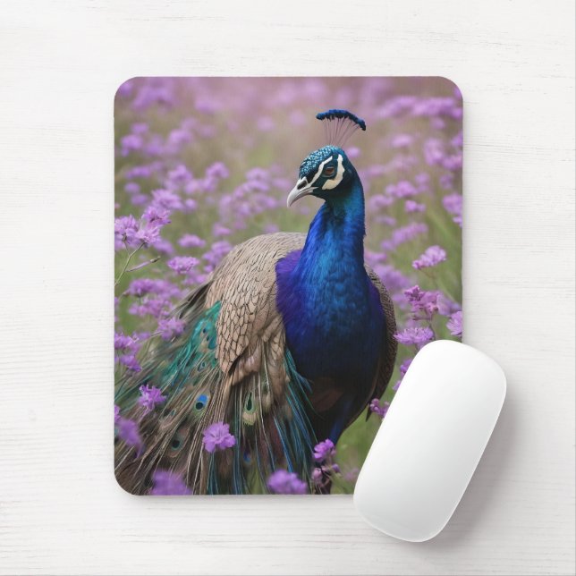 Royal Blue: Blue Peacock in Lavender Field, Mousepad (Mit Mouse)