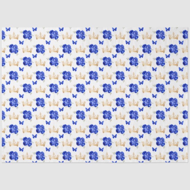 Royal Blue Blumen und Goldkronen Seidenpapier (Vorderseite)
