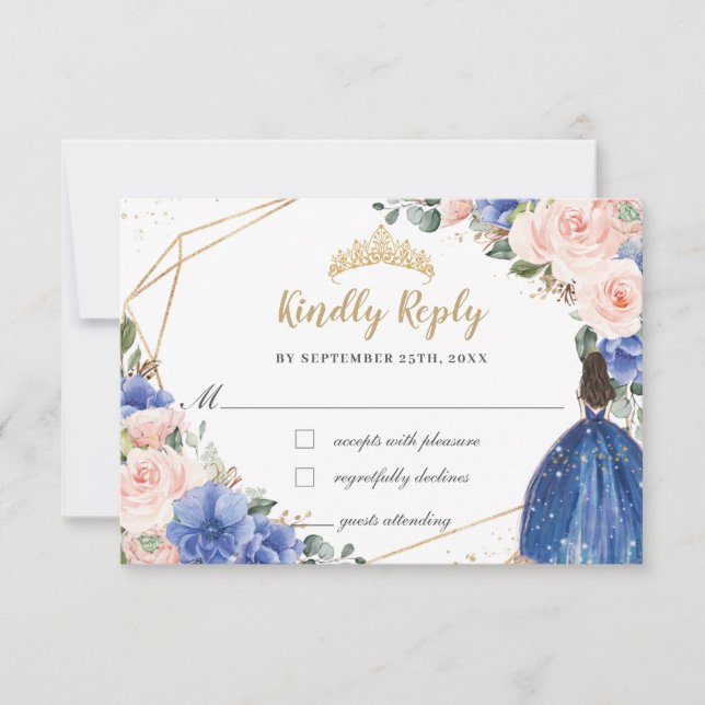 Royal Blue Blush Floral Quinceañera Prinzessin Rep RSVP Karte (Vorderseite)