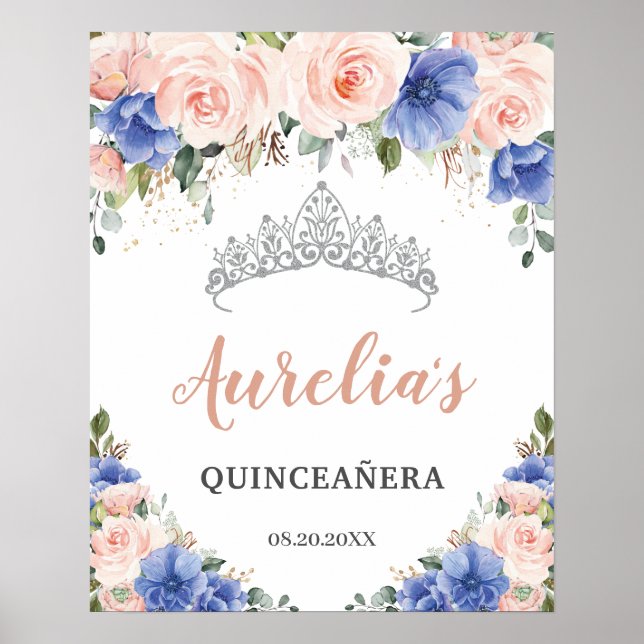 Royal Blue Blush Floral Quinceañera Tiara Willkomm Poster (Vorne)