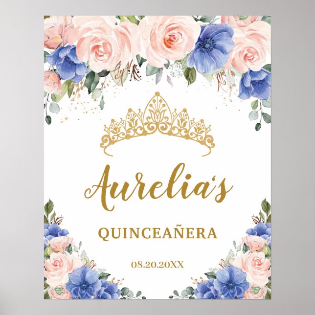 Royal Blue Blush Floral Quinceañera Tiara Willkomm Poster (Vorne)