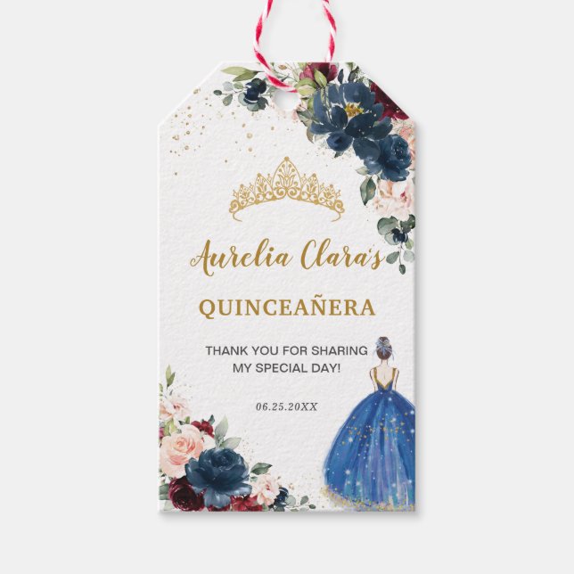 Royal Blue Blush Floral Quinceñera Princess Gefall Geschenkanhänger (Vorderseite)