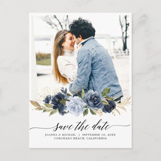 Royal Blue Blush Foto Save the Date P Postkarte (Vorderseite)