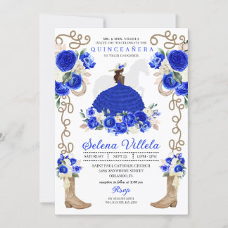 Royal Blue Boots Rose Ranchero Charro Quinceañera Einladung