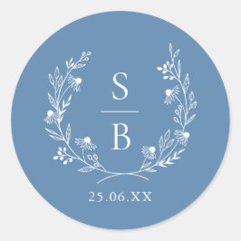 Royal Blue Botanical Monogram Wreath Wedding Runder Aufkleber