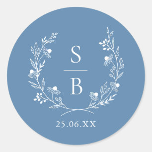 Royal Blue Botanical Monogram Wreath Wedding Runder Aufkleber