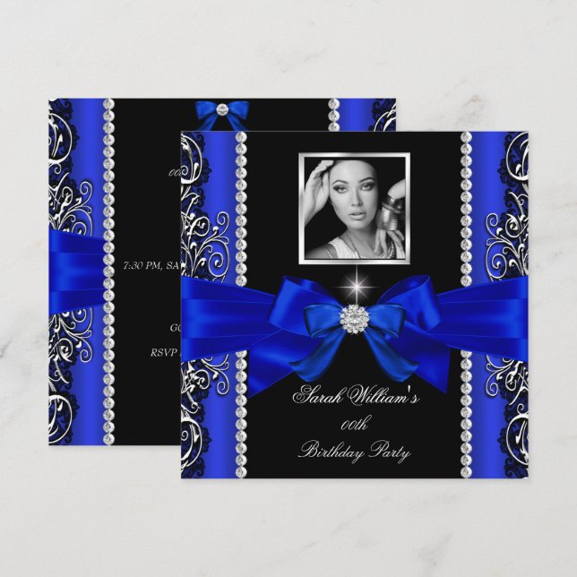 Royal Blue Bow Birthday Party Black Silver Foto 2 Einladung (Vorne/Hinten)