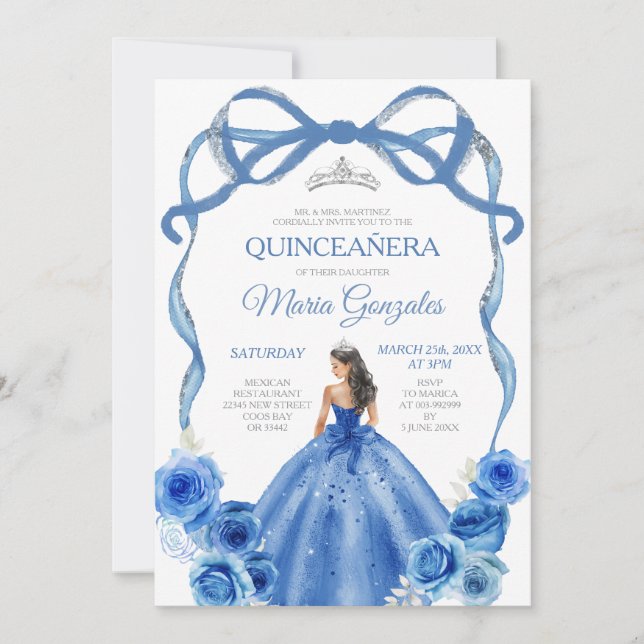 Royal Blue Bow Princess Silver Crown Quinceañera Einladung (Vorderseite)