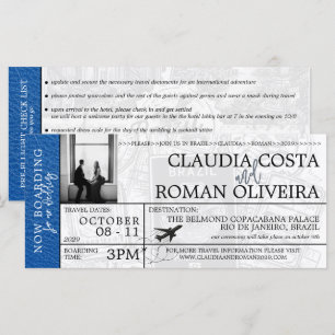 Royal Blue Brazil Wedding Boarding Pass Einladung