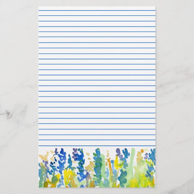 Royal Blue Bright Yellow Watercolor Blume Liniert Briefpapier (Vorderseite)