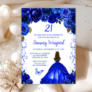 Royal Blue Brown Hair Princess Birthday Party Einladung