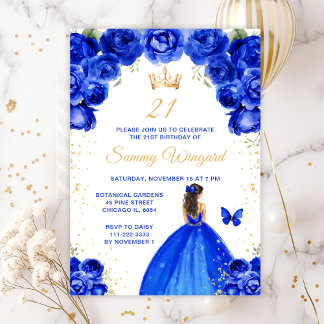 Royal Blue Brünett Hair Princess Birthday Party Einladung