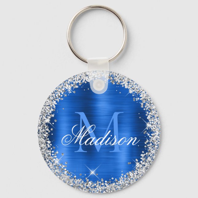 Royal Blue Brushed Metal Silver Glitter Monogram  Schlüsselanhänger (Vorderseite)