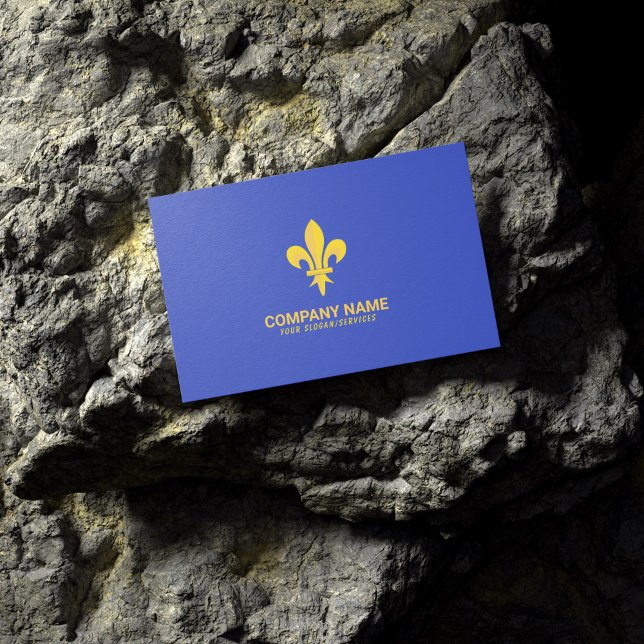 Royal Blue Business Card mit Gold Lilie Visitenkarte (Gold Fleur de Lis on Royal Blue Business Card lying on a rock)