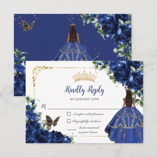 Royal Blue Butterflies Princess Gold Quinceañera RSVP Karte (Vorne/Hinten)