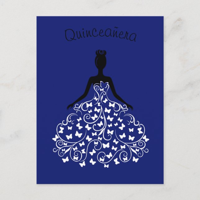 Royal Blue Butterfly Gown Quinceanera Einladung (Vorderseite)