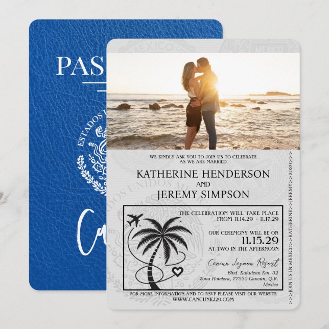 Royal Blue Cancun Passport Wedding Einladung (Vorne/Hinten)