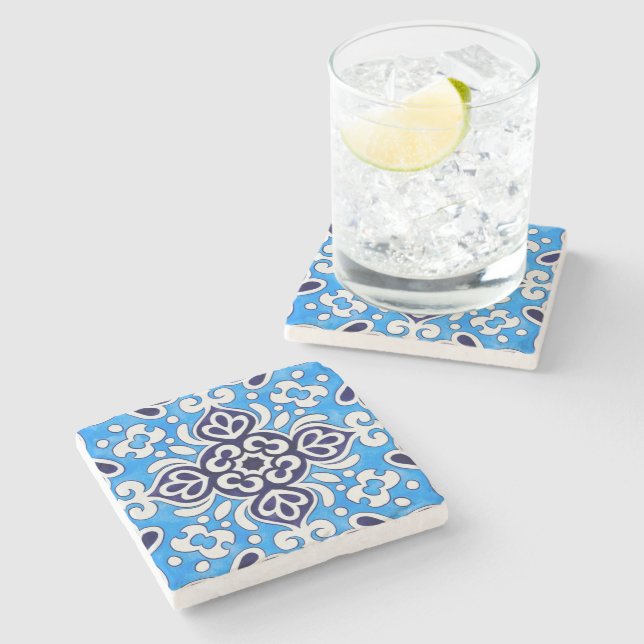 Royal Blue Ceramic Classic Geometric Mosaic  Steinuntersetzer (Seitenansicht)