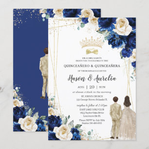 Royal Blue Champagne Twins Boy Girl Quinceañera Einladung