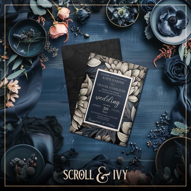 Royal Blue & Champagne White Bloom Wedding Einladung ( The Luxe Floral Wedding Suite - Wedding Invitation (Front))