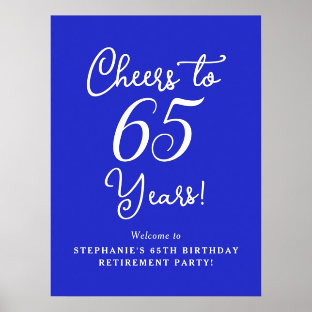 Royal Blue Cheers to 65 Years Rente Party Poster (Vorne)