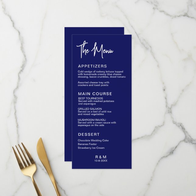 Royal Blue Classic Elegante Wedding Menükarte (Vorderseite/Rückseite Beispiel)