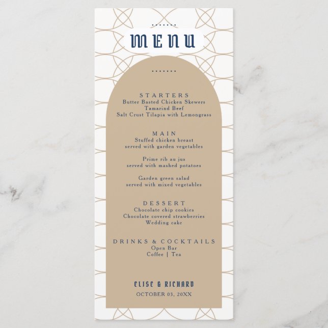 Royal Blue Classic Retro Wedding Menu Menükarte (Vorderseite)