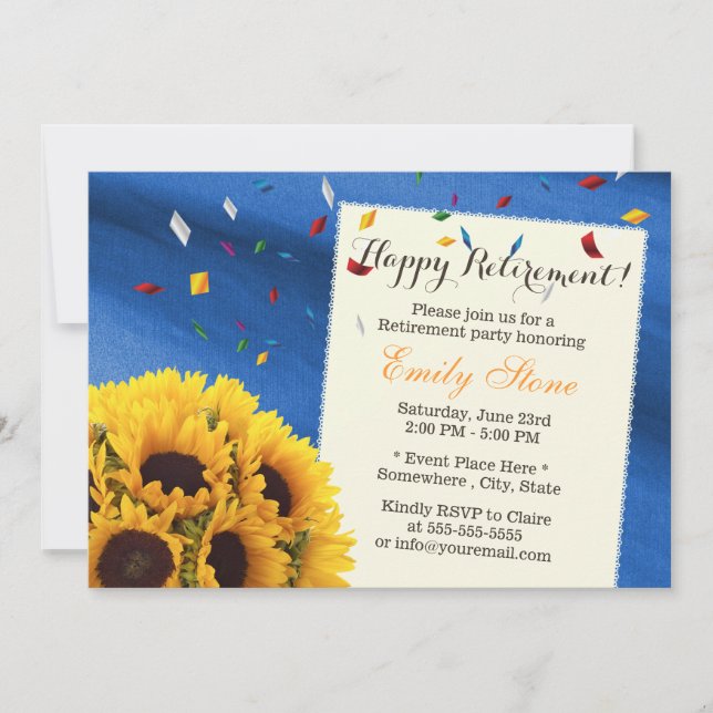 Royal Blue Confetti Sunflowers Rentirement Party Einladung (Vorderseite)