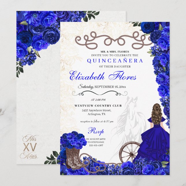Royal Blue Cowgirl Ranchero Western Quinceanera Einladung (Vorne/Hinten)