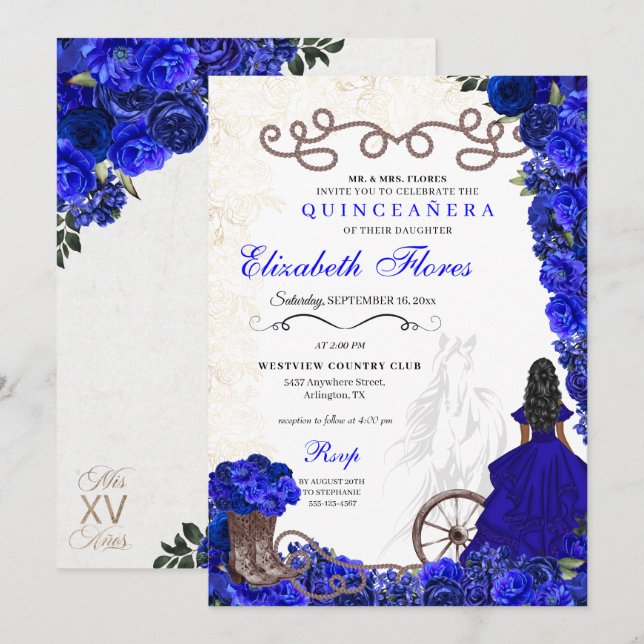 Royal Blue Cowgirl Ranchero Western Quinceanera Einladung (Vorne/Hinten)
