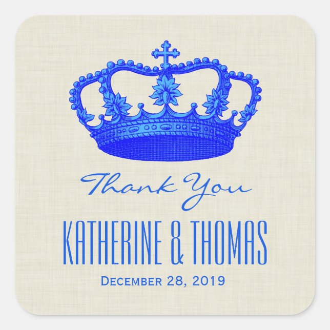 ROYAL BLUE Crown Vielen Dank, Bride Groom Wedding  Quadratischer Aufkleber (Vorderseite)