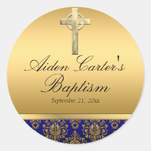 Royal Blue Damask & Cross Baptisse Aufkleber
