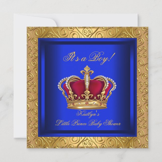 Royal Blue Damask Gold Baby Shower Boy Einladung (Vorderseite)