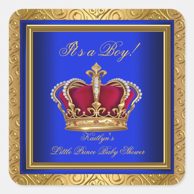 Royal Blue Damask Gold Baby Shower Boy Regal Quadratischer Aufkleber (Vorderseite)