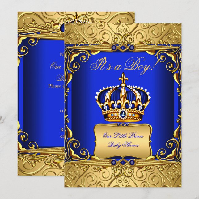 Royal Blue Damask Gold Crown Baby Shower Bob bs2 Einladung (Vorne/Hinten)