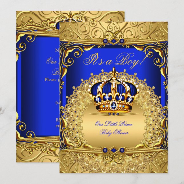 Royal Blue Damask Gold Crown Baby Shower Bob bs6 Einladung (Vorne/Hinten)